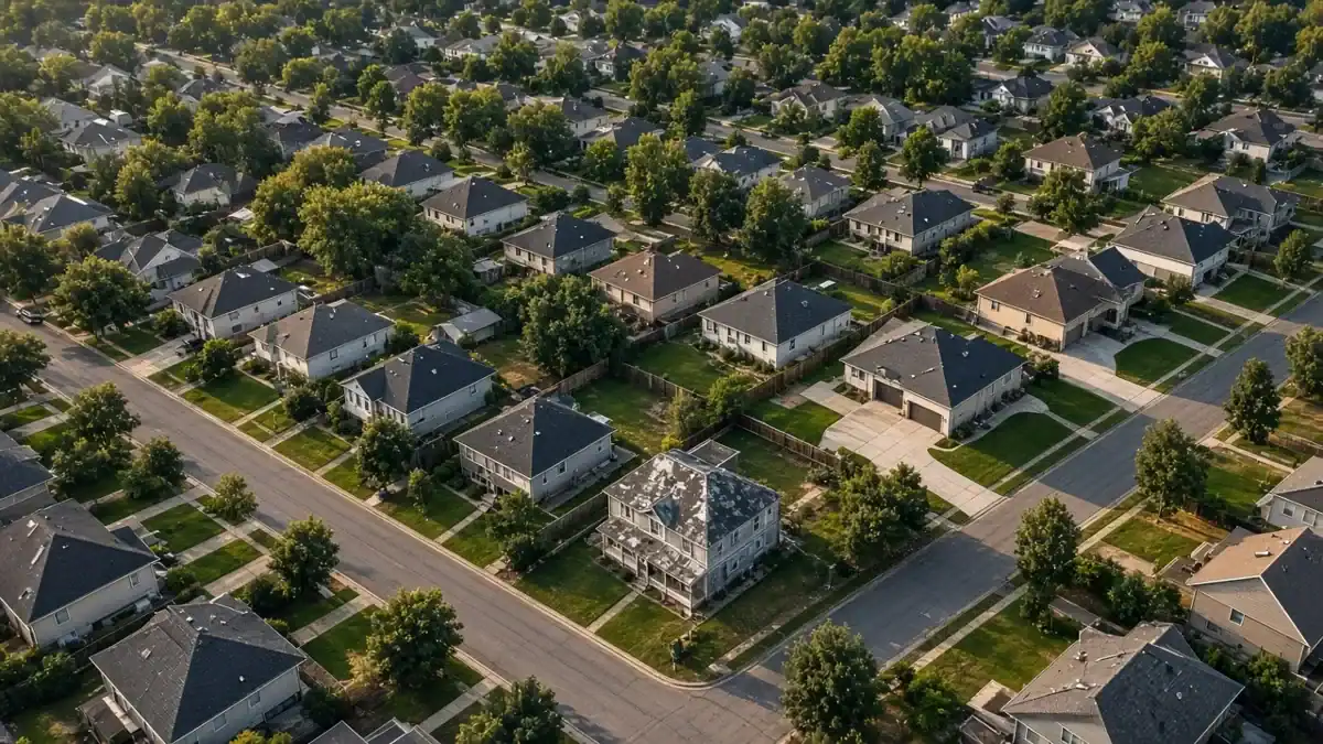 Aerial view of a suburban neighborhood where investors target local sellers