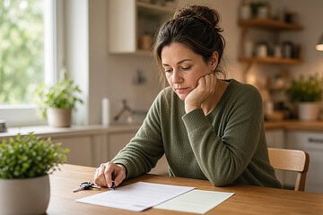 Homeowner reviewing papers and house keys at a kitchen table