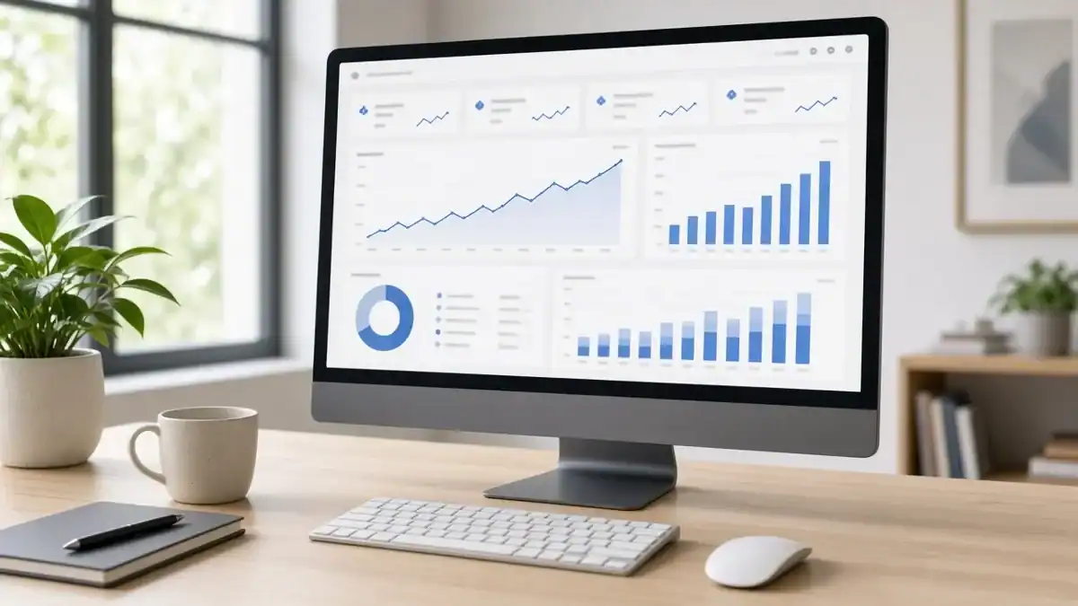 Desktop computer showing an SEO analytics dashboard with rising traffic