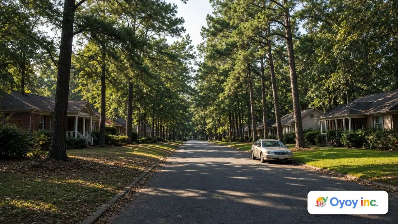 Tree-lined suburban street in Georgia with modest single-family homes