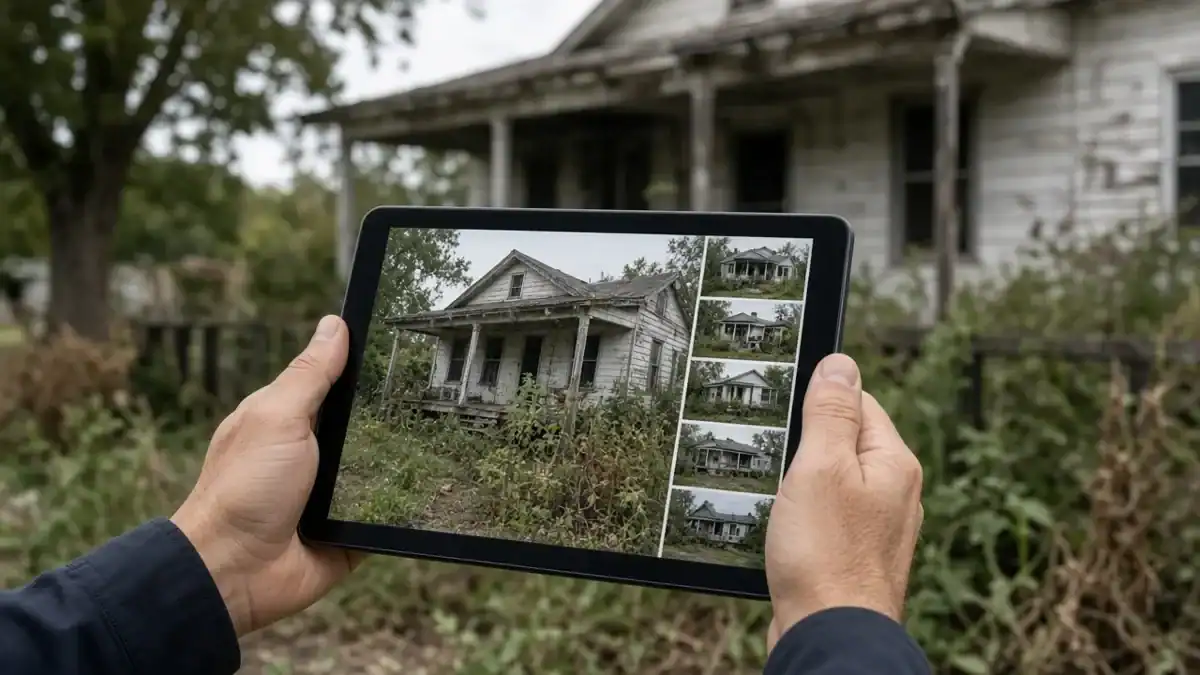 Investor holding a tablet showing listings in front of a distressed house