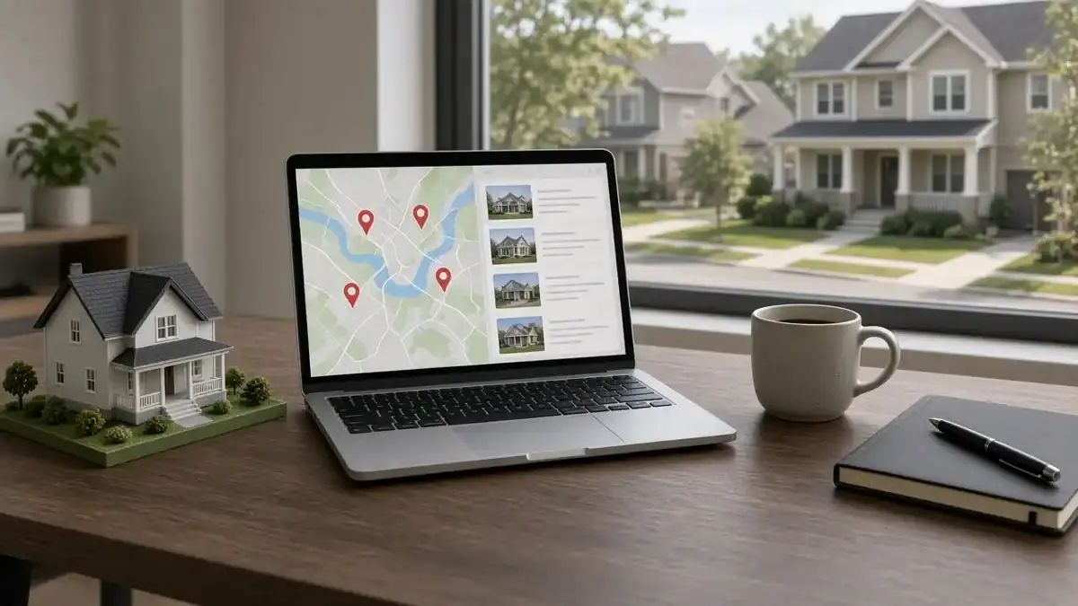 Laptop showing a local map search beside a model house on a real estate investor's desk