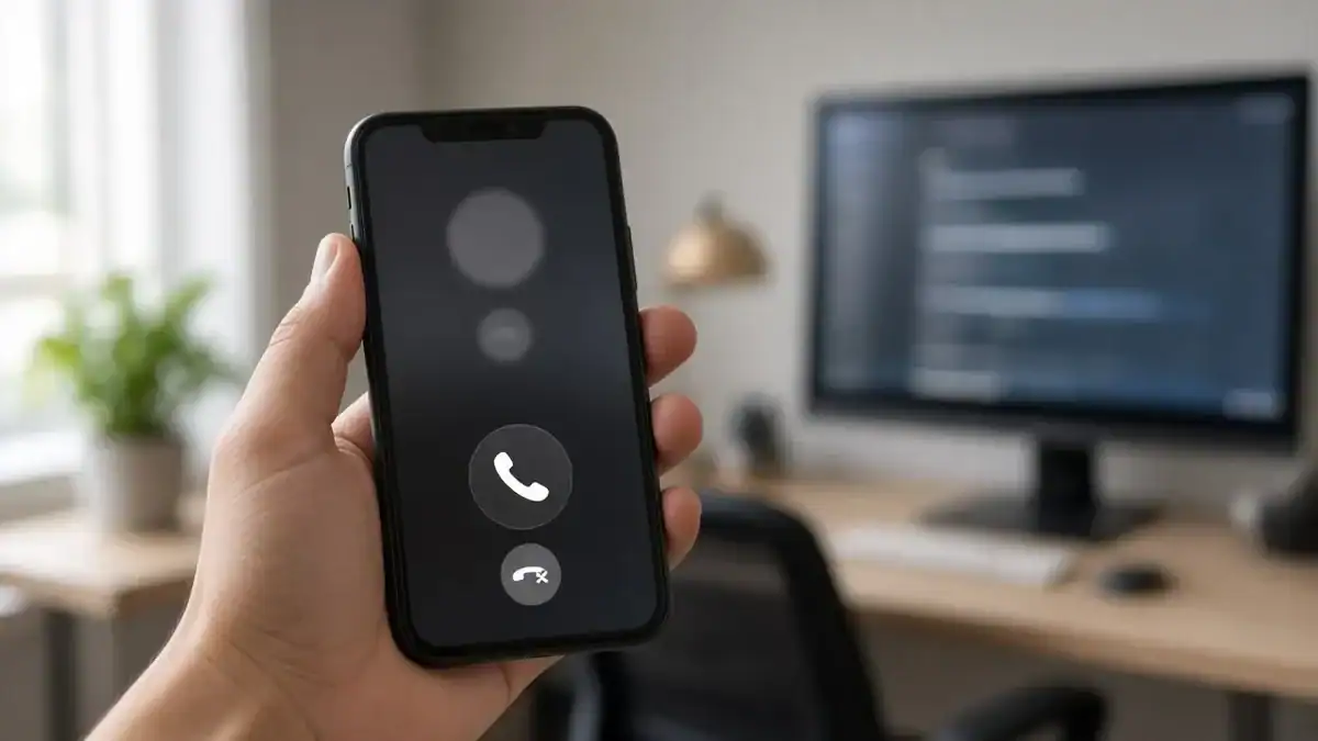 Smartphone showing an incoming call from a seller lead in a home office