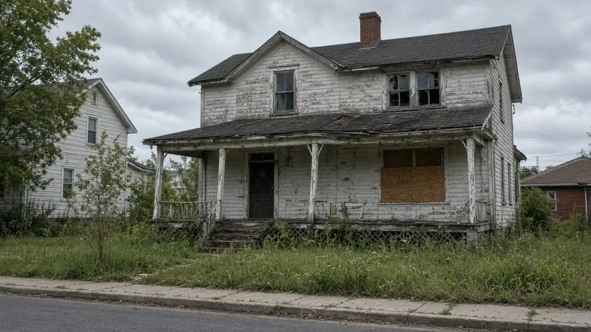 Run-down two-storey house with a boarded window and overgrown yard