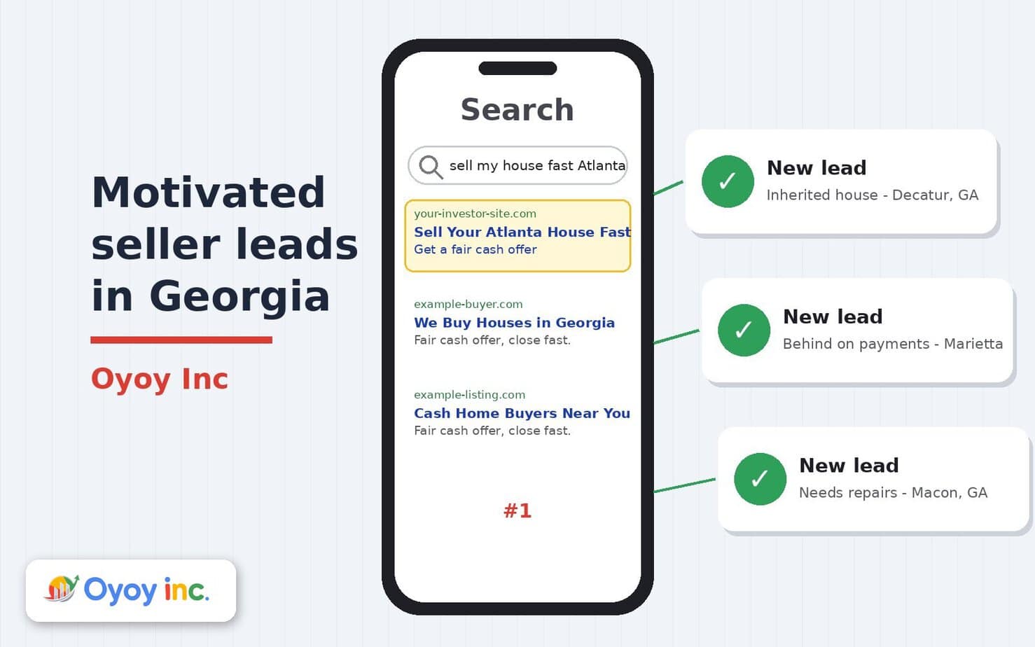 Phone showing a Google search for sell my house fast Atlanta with motivated seller leads coming in