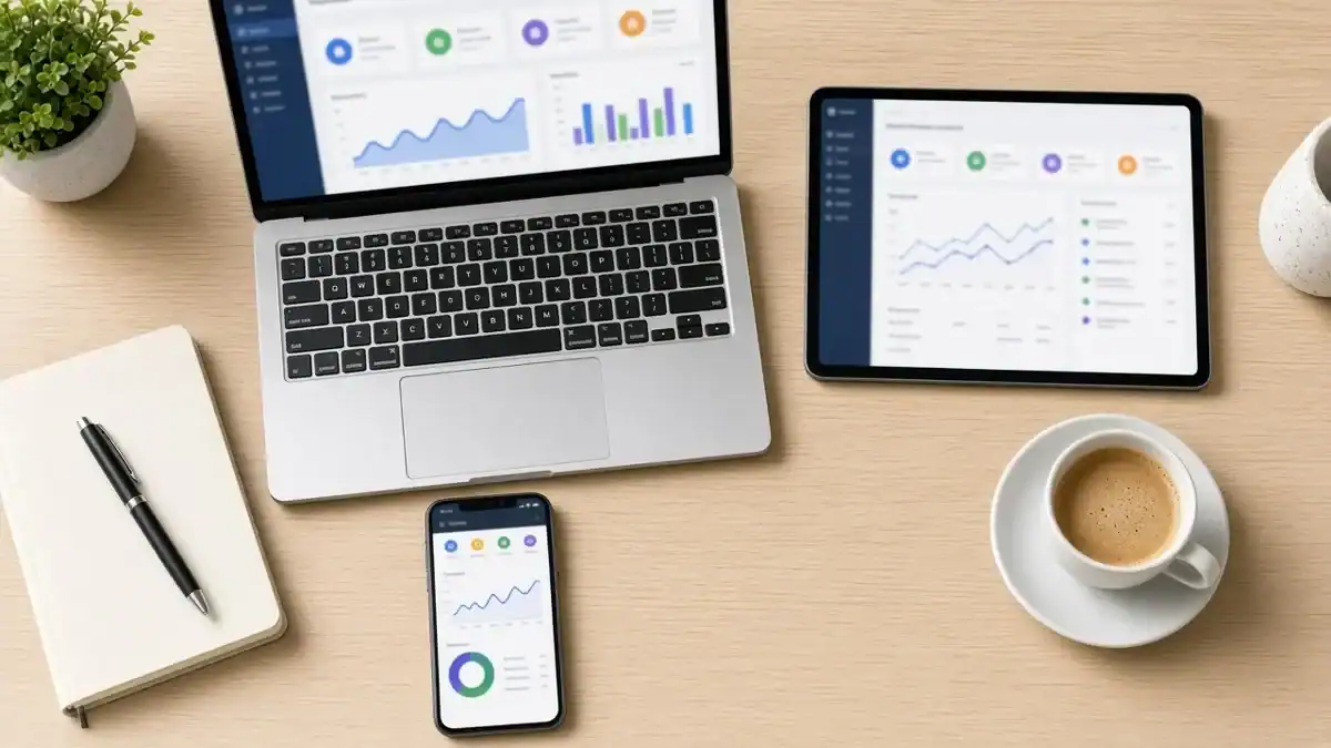Laptop, tablet and phone showing SEO tool dashboards on a desk