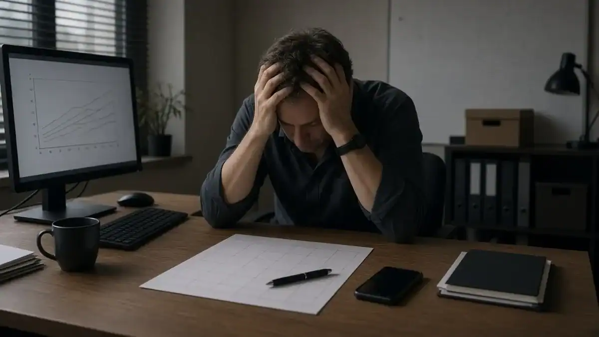 Stressed real estate investor at his desk with no seller leads coming in
