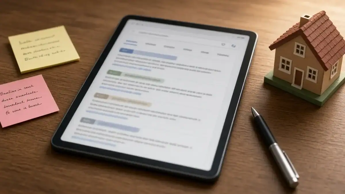 Tablet showing search results for seller keywords beside a model house