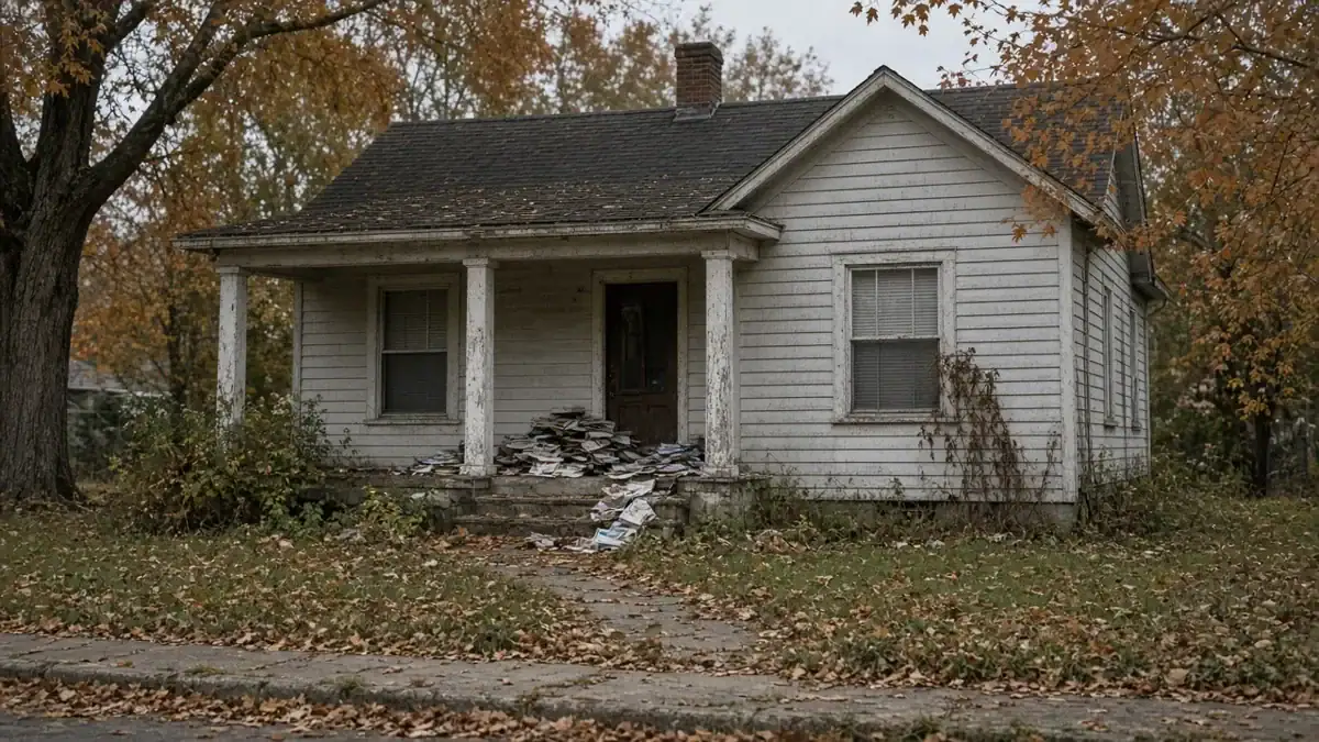 Vacant house with a pile of uncollected mail on the porch
