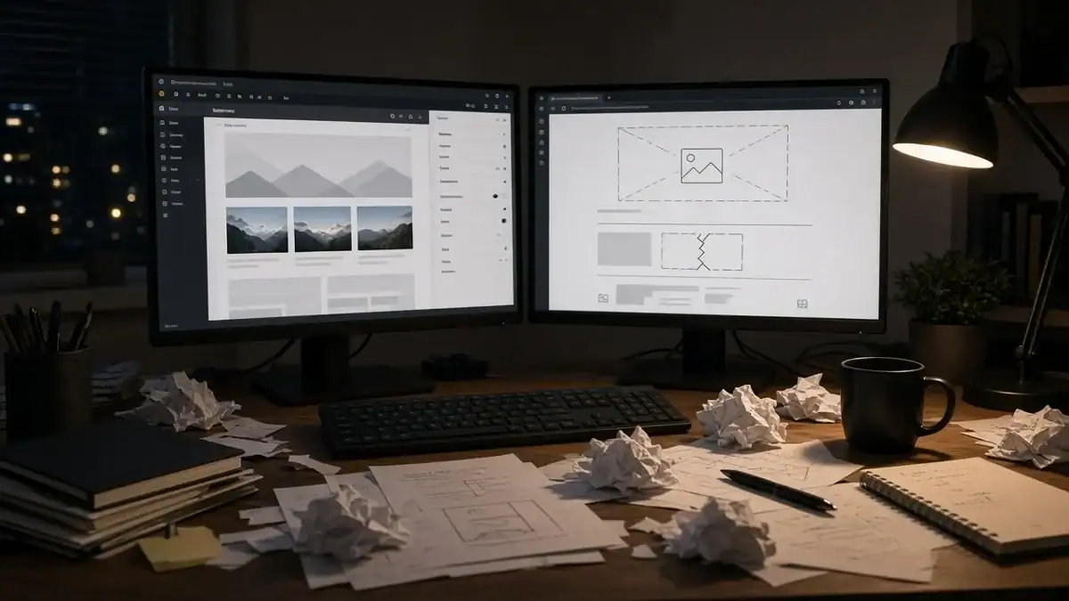 Desktop monitors showing a website with broken images and layout mistakes