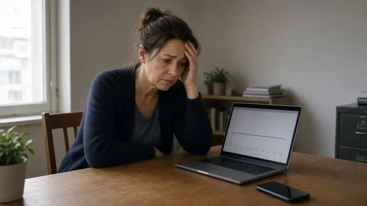 Worried business owner looking at flat website traffic on her laptop